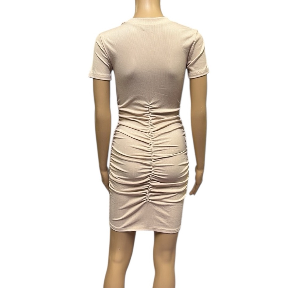 Beyove Ruched Bodycon Ribbed V Neck Button Front Short Sleeve Mini Dress Small - Picture 5 of 10